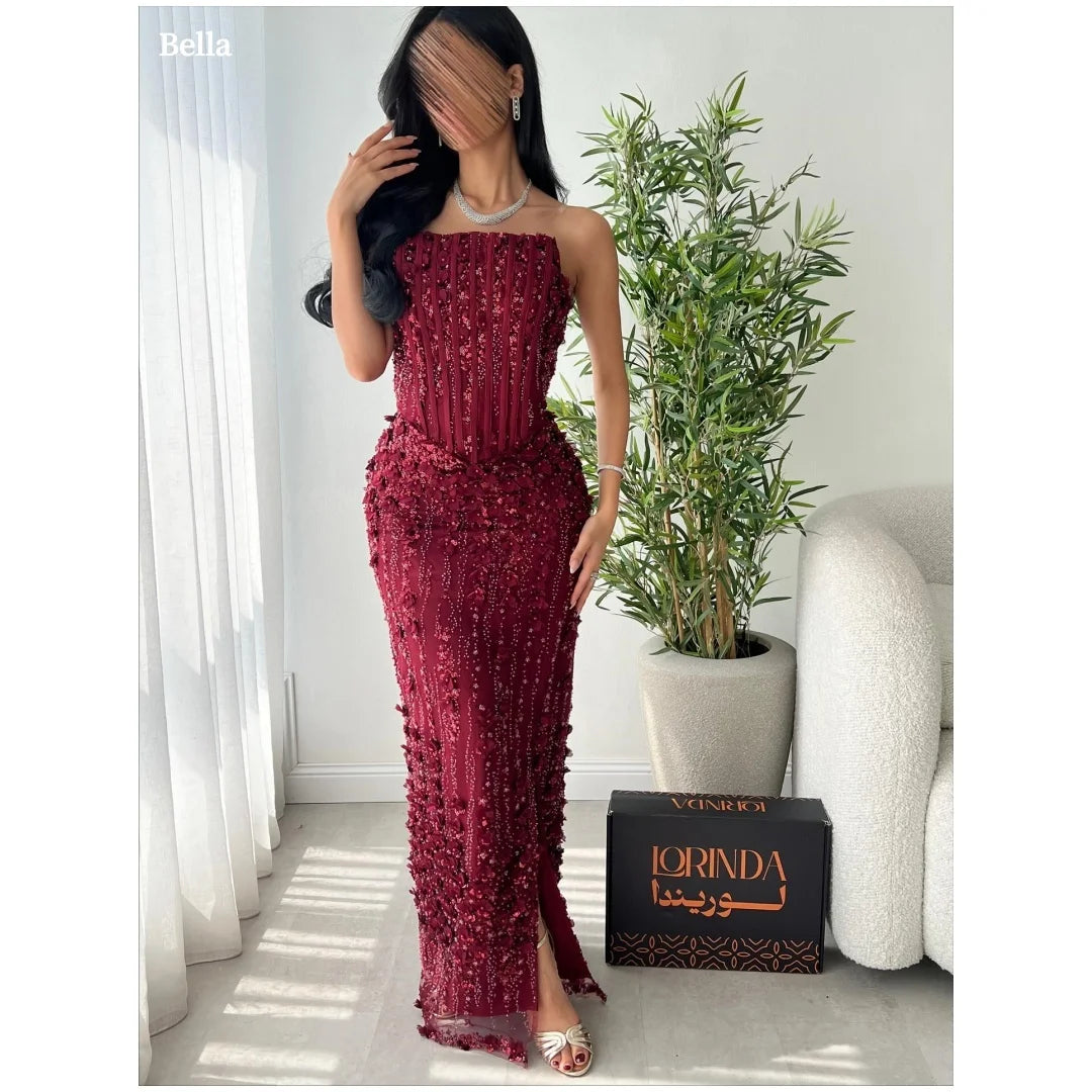 Bella Customized Burgundy Strapless Ruffled 3D Beaded Prom Dress Slim Fit High Slit Party Dresses Floor-Length Elegant 2025