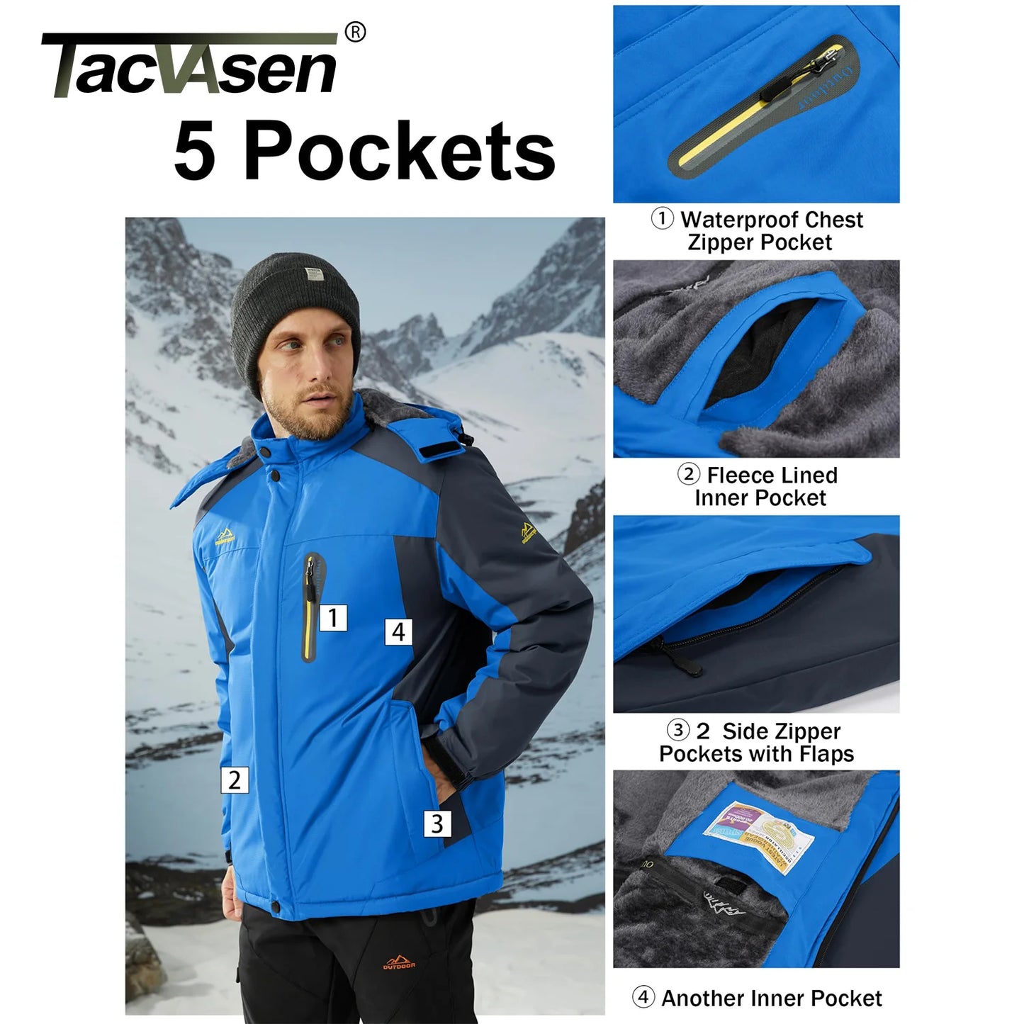 TACVASEN Winter Fleece Lining Jackets Waterproof Mens Ski Snowboard Parka Windproof Removable Hoodie Coats Casual Windbreaker