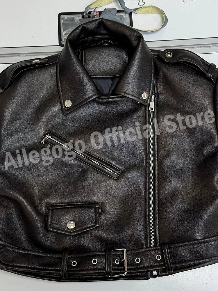 Ailegogo Spring Autumn Women Retro Short Pu Faux Soft Leather Jacket Vintage Female Belt Zipper Coat Moto Biker Outwear