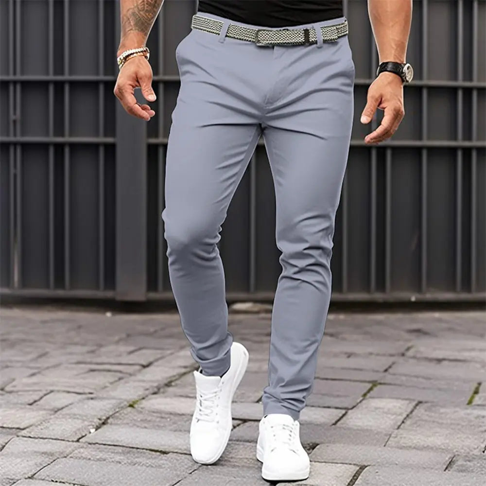Men's Solid-color Slim-fit Pants with Front Pockets and Zippers for Business Casual Wear with Tapered Bottom Pants Men