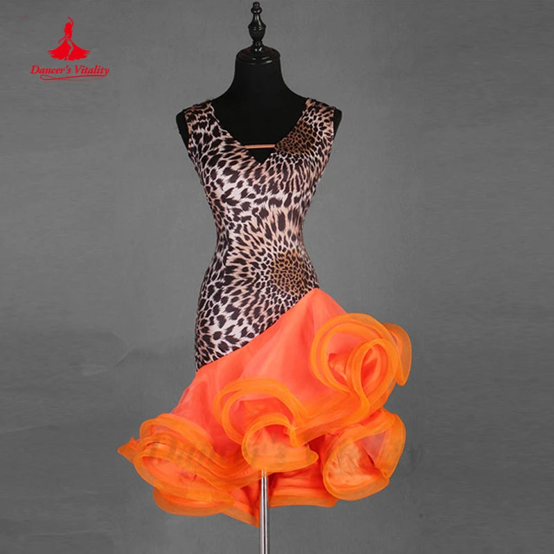 Latin Dance Dress V-Neck Wave Point Skirt Profession Custom Female Adult Child Elegant Performance Clothes Competition Clothing