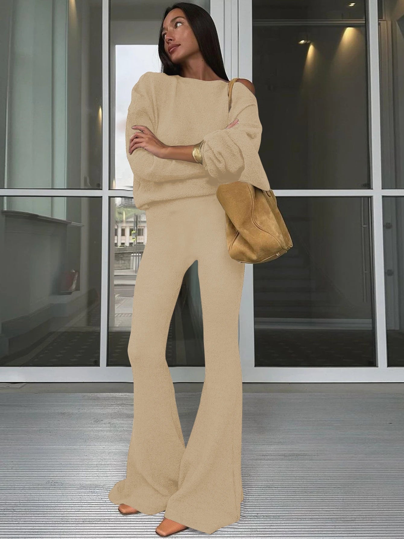 Dulzura Fashion Sexy 2 Piece Pants Set Skew Collar Long Sleeves Slim T-Shirt And Flare Pants Matching Set Party Club Streetwear