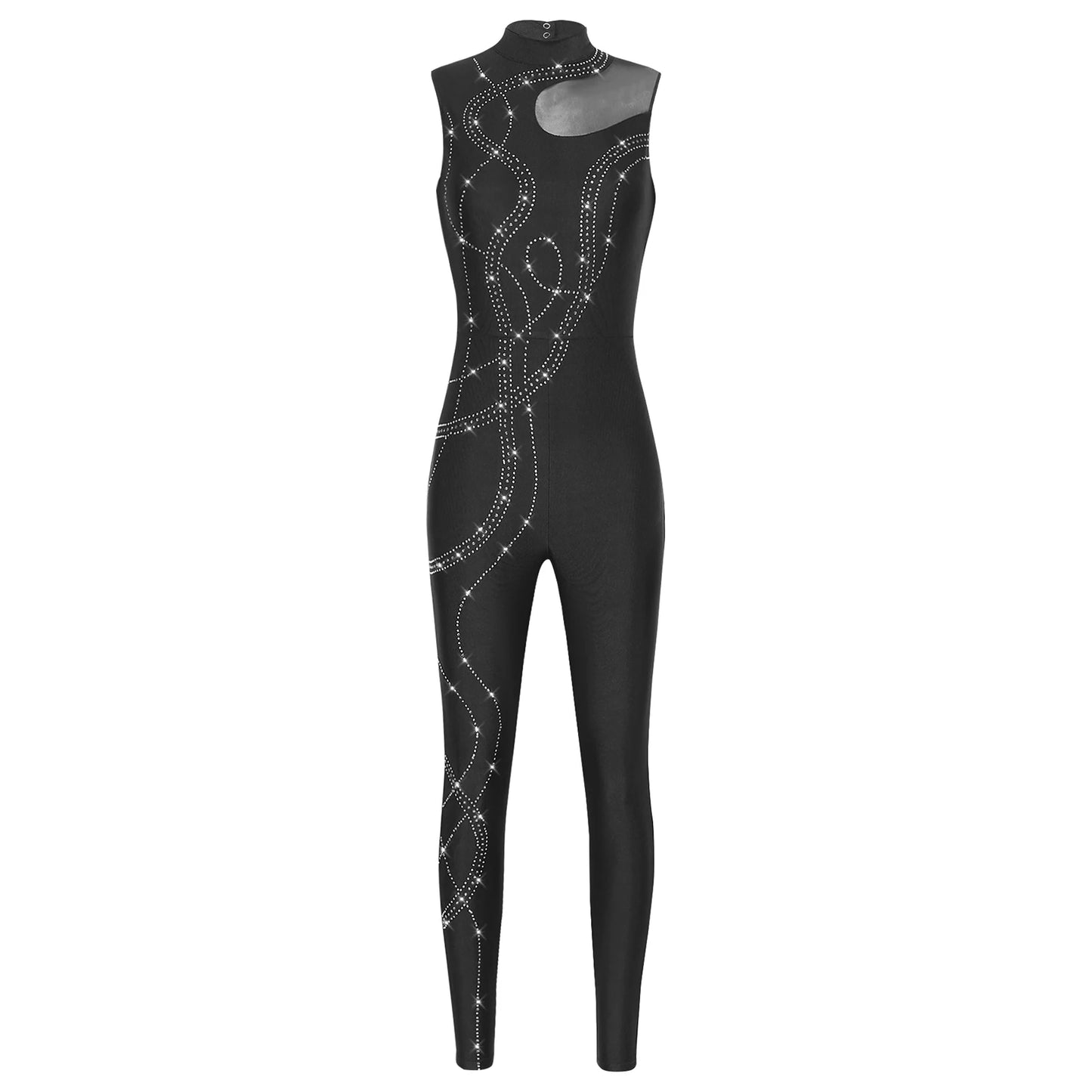 Womens Rhythmic Gymnastics Artistic Figure Skating Dance Costume Shiny Rhinestones Ballet Dance Unitards Jumpsuit Full Bodysuit