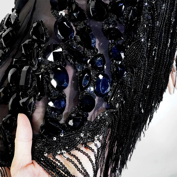 Sexy Mesh Sheer Black Rhinestone rhinestone Bodysuit Singer Dancer Show Stage Outfit Celebrate Party Night Club Performance Waer
