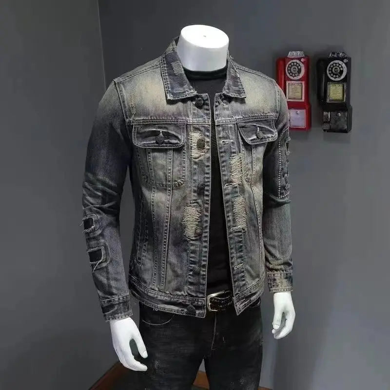 2025 Men's Autumn Winter Brand Casual Cotton Jacket with American Retro Motorcycle Embroidered Street Fashion Grey Jeans Coat