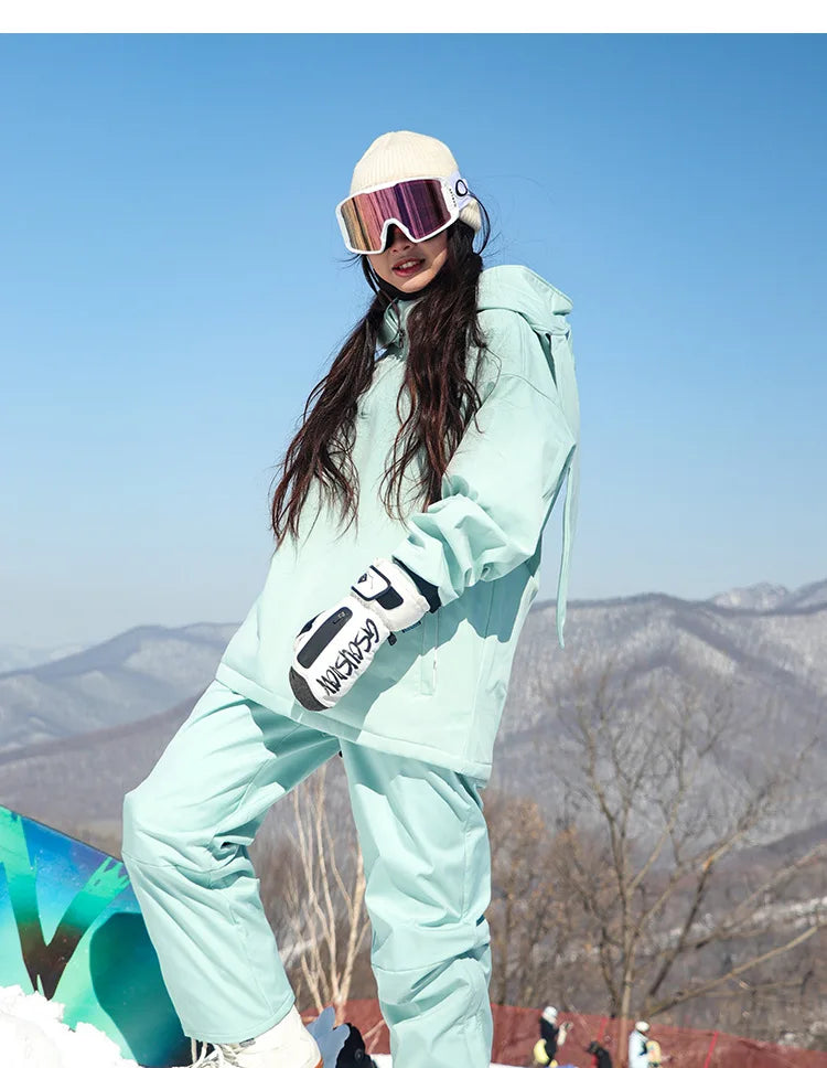 New Trendy Windproof And Warm Rabbit Ear Snow Clothes Men's And Women's Velvet Ski Clothes Set Couple Snow Clothes