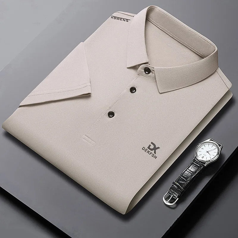 New Men's Business Casual Short Sleeved Shirt with Badge Solid Color Polo Shirt Fashionable Breathable Comfortable Versatile Top