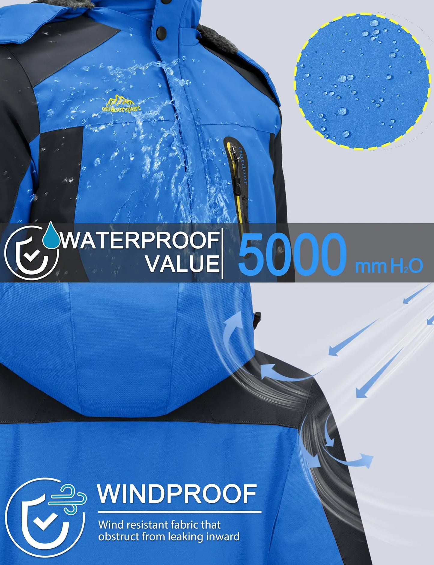 TACVASEN Winter Fleece Lining Jackets Waterproof Mens Ski Snowboard Parka Windproof Removable Hoodie Coats Casual Windbreaker