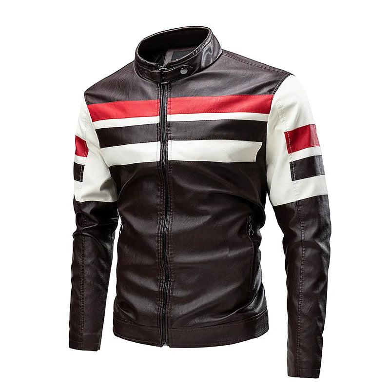 Men's Casual Biker PU Leather Jacket New 2025 Fashion Color Block British Style Motorcycle Jacket Men's Clothing Outerwear