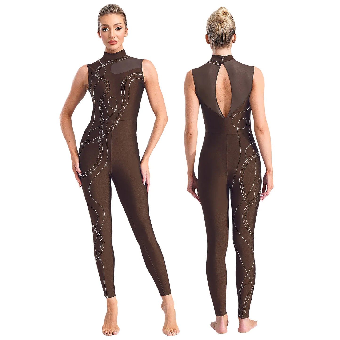 Womens Rhythmic Gymnastics Artistic Figure Skating Dance Costume Shiny Rhinestones Ballet Dance Unitards Jumpsuit Full Bodysuit