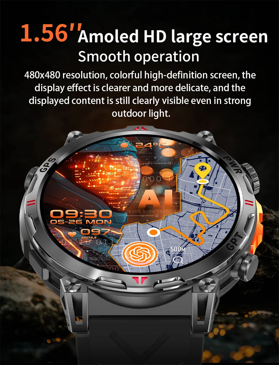 2026 New Outdoor Sports Smartwatch Men GPS Positioning 650mAh HD Call 1.56-inch AMOLED Screen Compass 5ATM Waterproof Watch Man