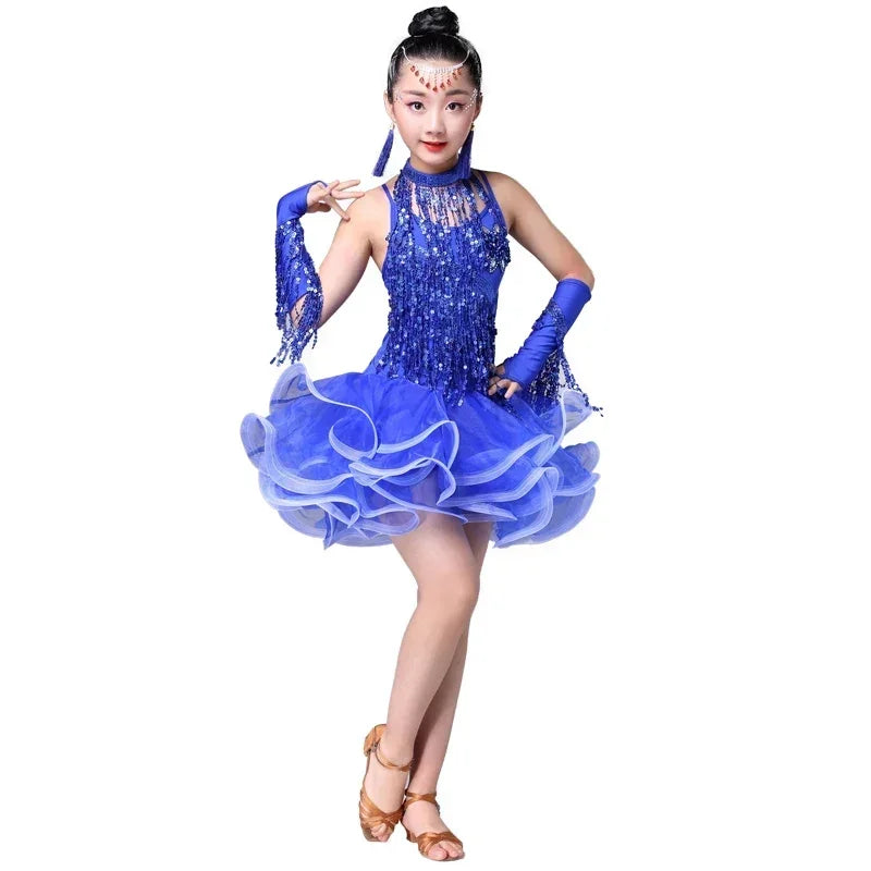 Teenager Girl 's Latin Dance Costumes Latin Skirt Sequins Performing Competition Costume Girls Salsa Dancing Tassel Dress