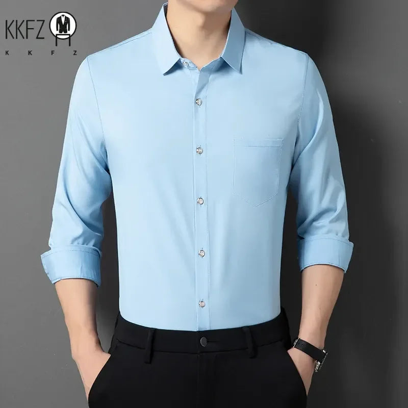 Men's New Casual and Fashionable Long Sleeved Shirt with Pockets Comfortable Wrinkle Resistant and Iron Free Collared Shirt