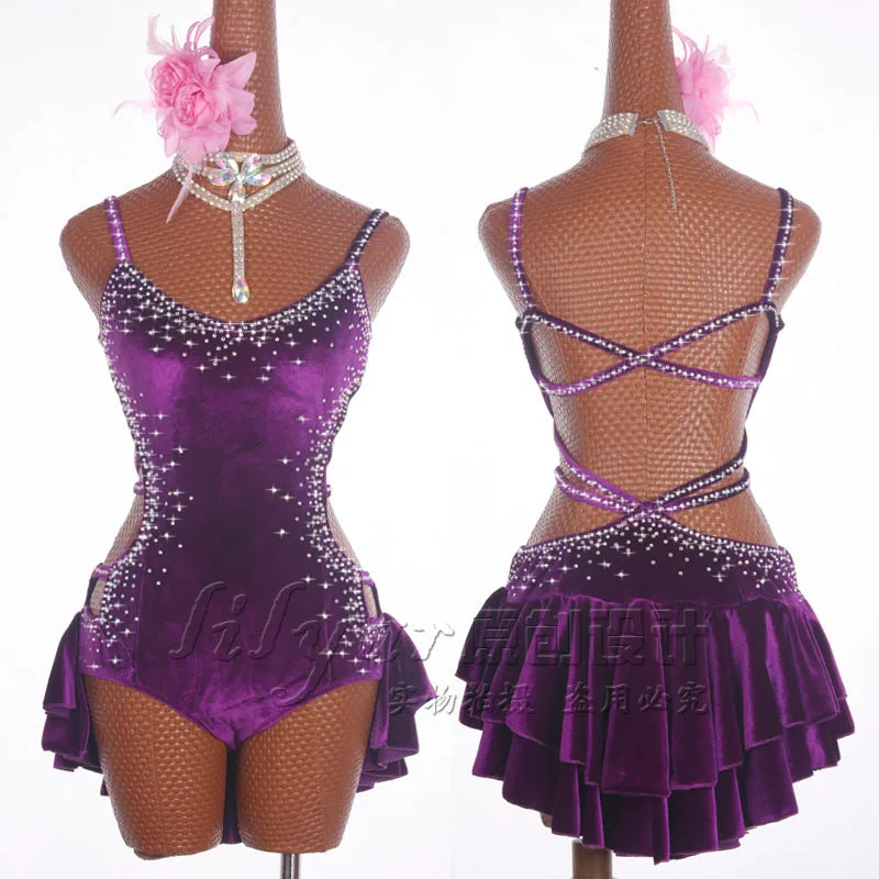 Pole Dancing Latin Dance Dress Steel Pipe Girl Costumes Skirt Performing Dress Adult Customize Children Stretch Velvet Wine  Red