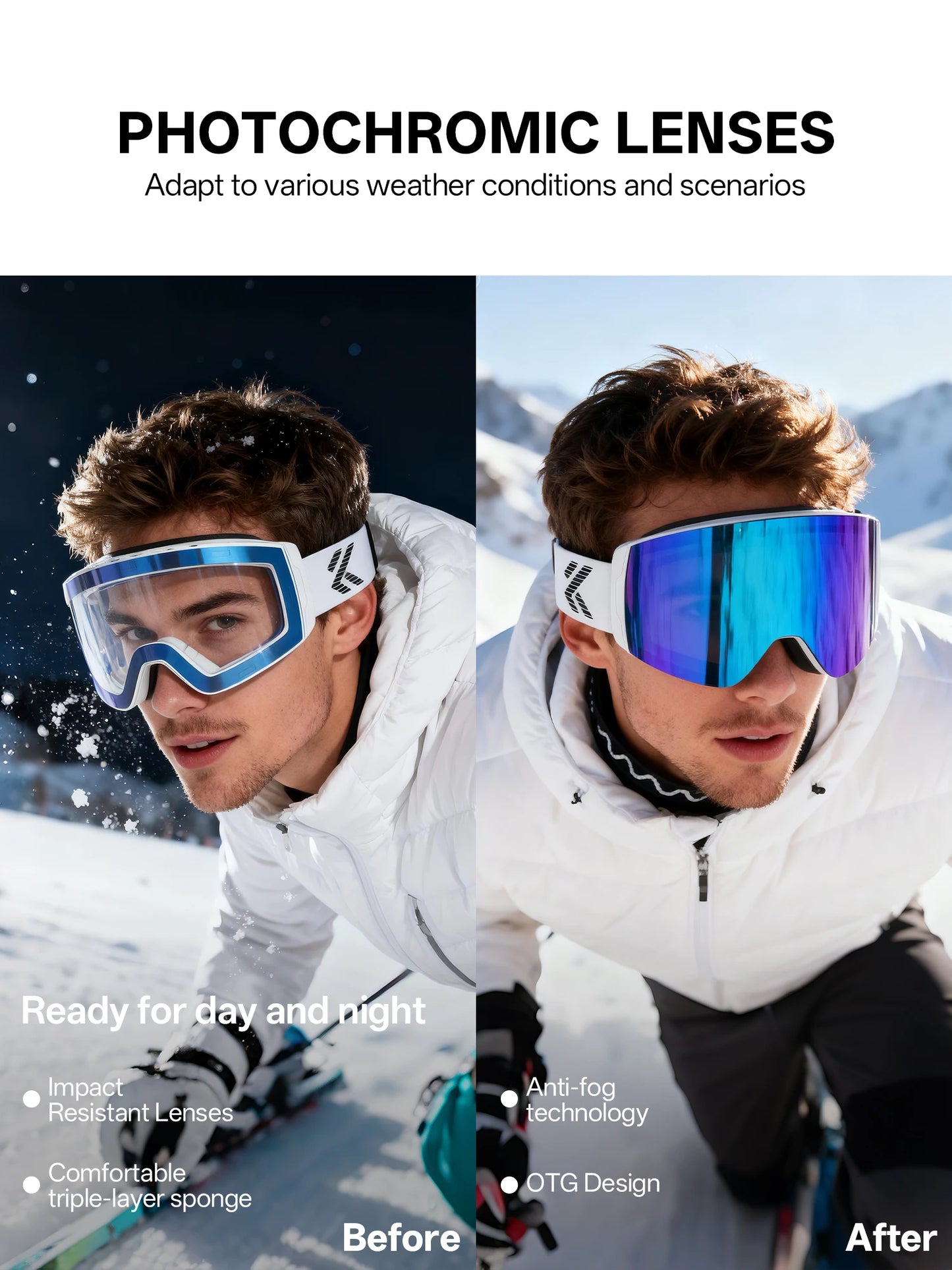Kapvoe Photochromic Ski Goggles Magnetic Anti-Fog Lenses UV400 Protection Men Women Ski Goggles Snow Sunglasses Sports Eyewear