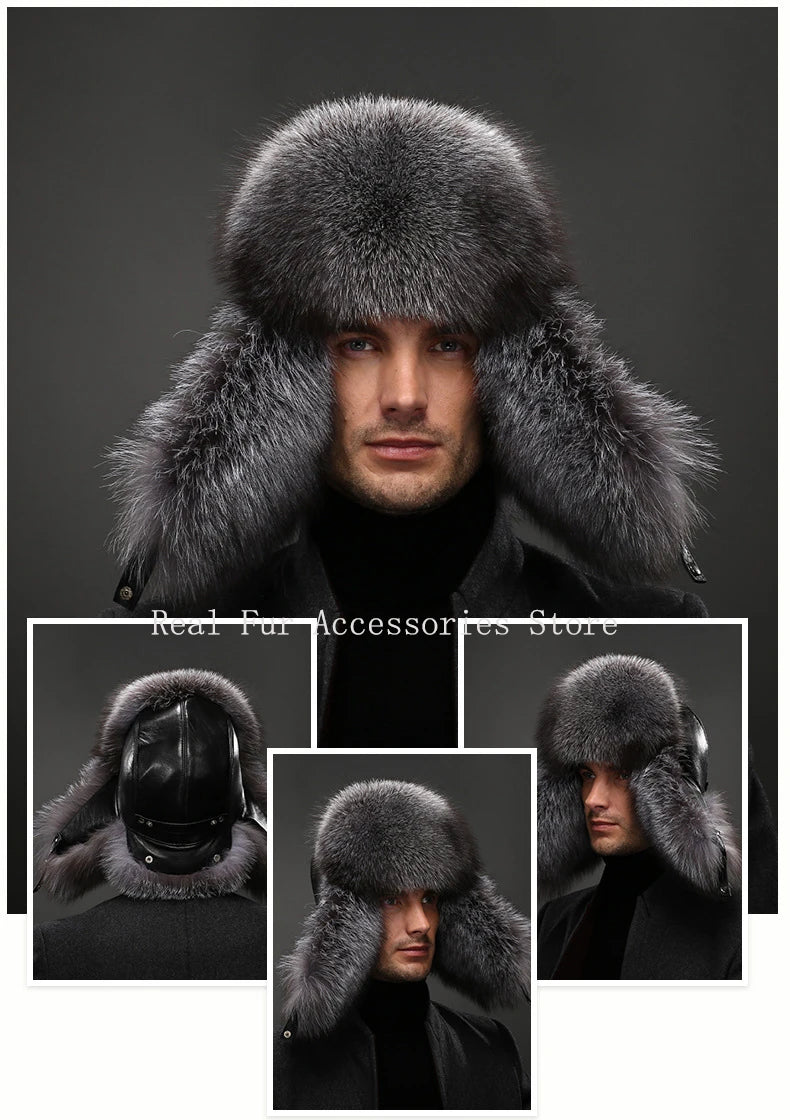 Hot high-end luxury fur hat Men's fox fur hat Lei Feng cap ear cap fur necessary hat Real fur hat 100% Sheepskin top fox hat