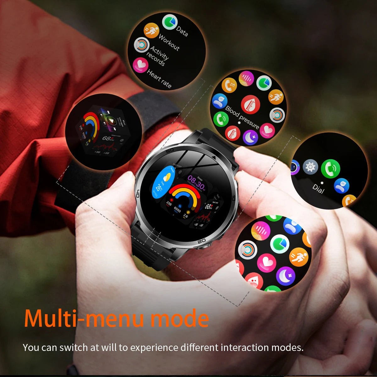 Fanwear men's smart watch SOS distress light +LED flashlight dual light mode 1000 mAh battery GPS trajectory 1.85 inch AMOLED