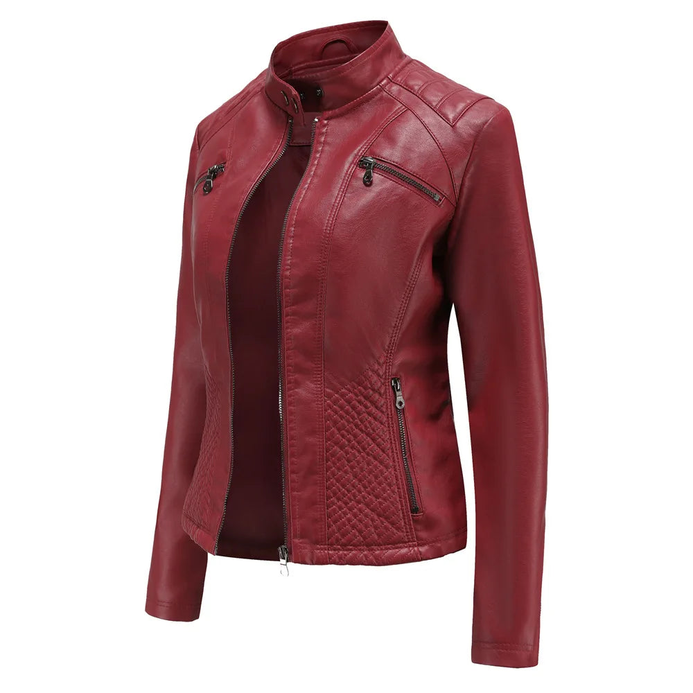 2026 New Lavender Purple Women's Long Sleeve PU Jacket, Fashion Motorcycle Leather Jackets, Red Coat, Black Outerwear.