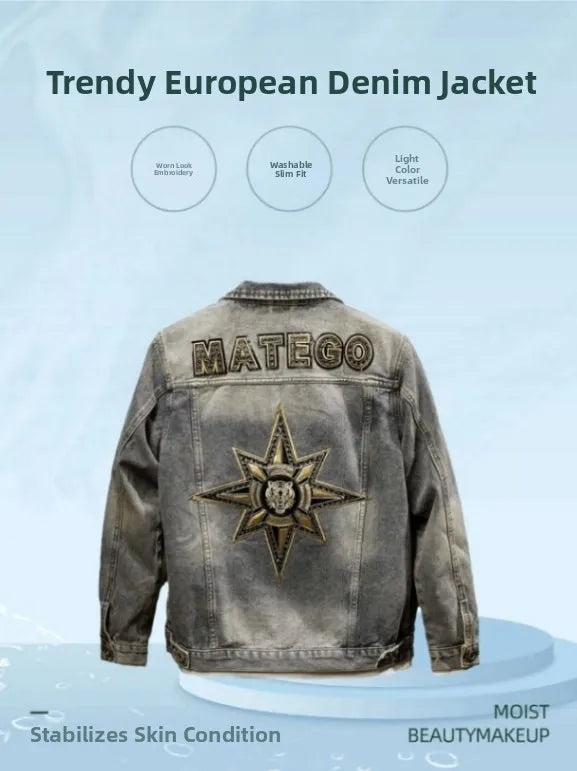 Faionable Retro Motorcycle Jaet Men's Light Colored Embroidered Denim Coat Sli Casual Cotton Polyester Blend Outerwear