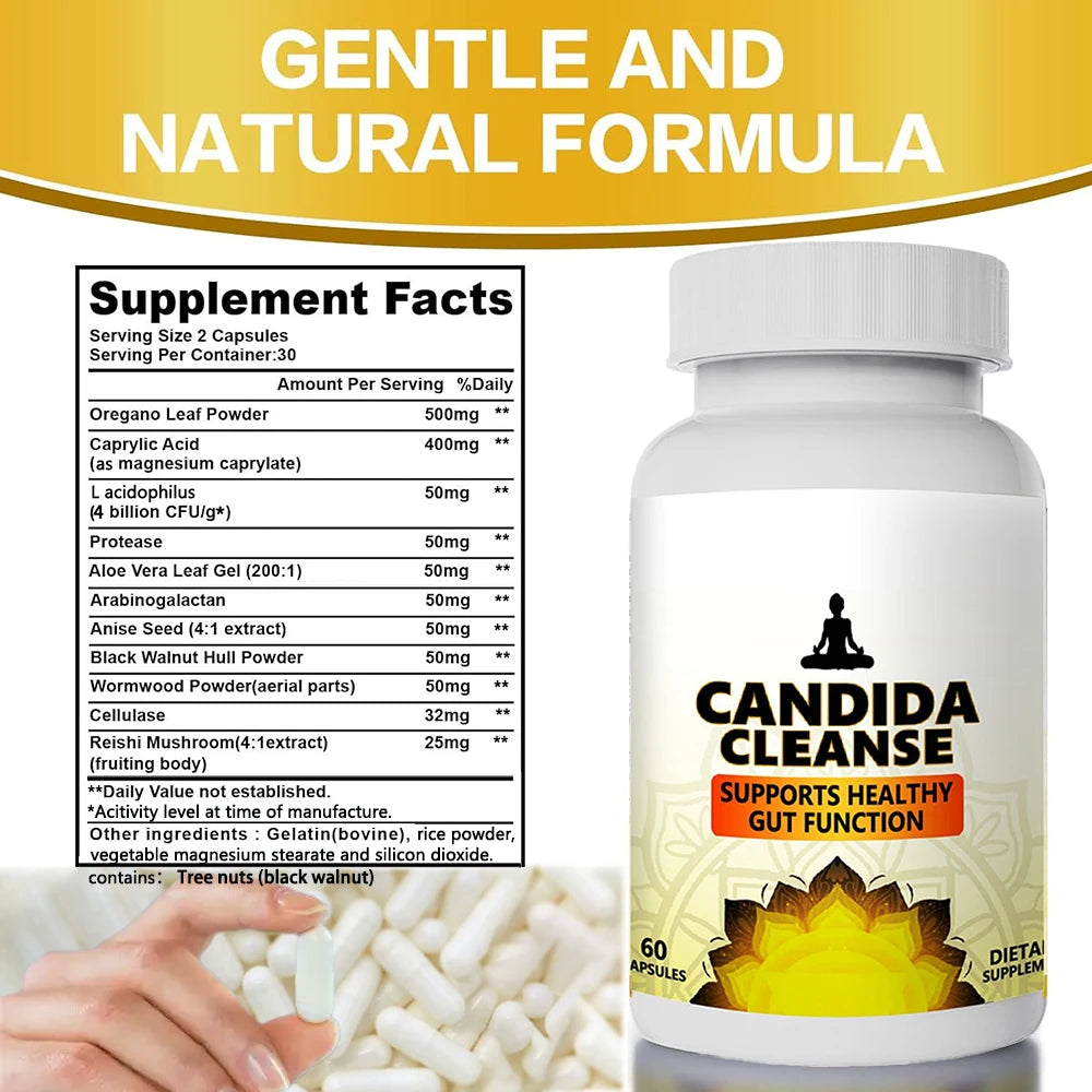 Candida Cleanse Detox for Gut Health - Extra Strength Balance Control Anti Overgrowth Supplements for Women & Men - 60 Capsules