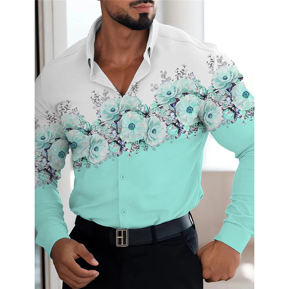 Men's red patterned long-sleeved shirt men's casual versatile fashion street men's shirt lapel single-breasted long sleeve