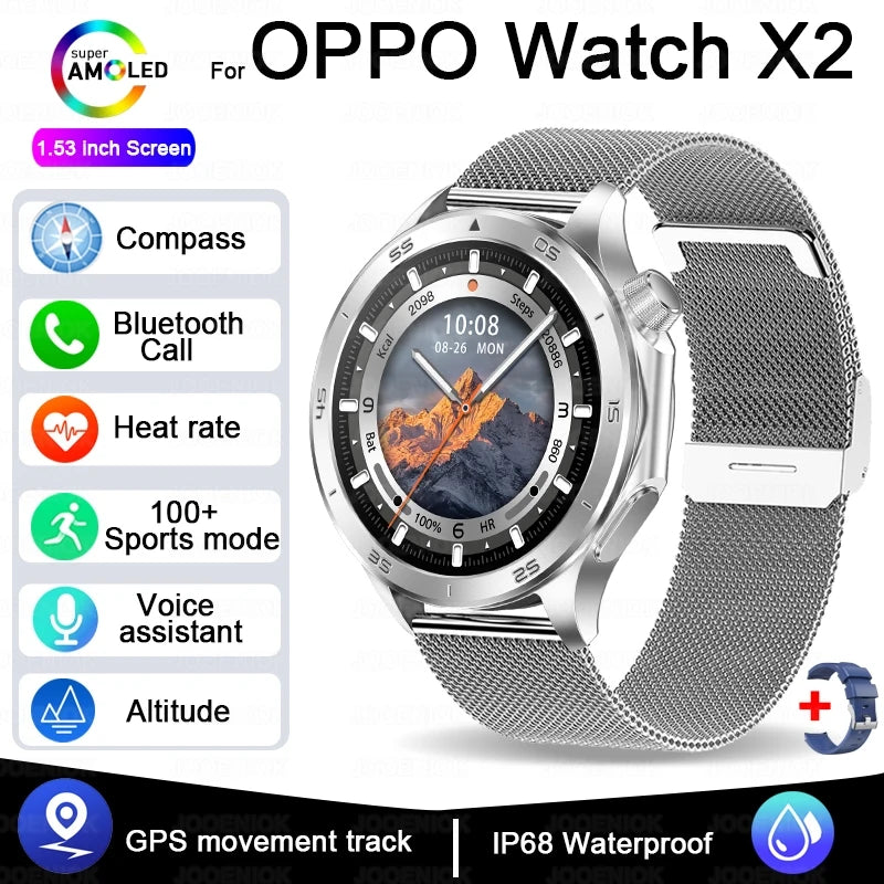 2025 New OPPO X2 Smart Watch Men's GPS Sports IP68 Waterproof Compass Heart Rate Blood Oxygen Bluetooth Call Smartwatches IOS