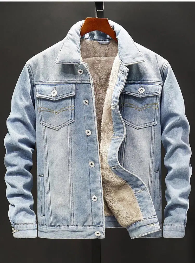 Men's Denim Cotton Jaet Fce Lined Thi Warm Outerwear Korean Sle Versatile Student Jaet Top Trendy Autumn Winter Coat