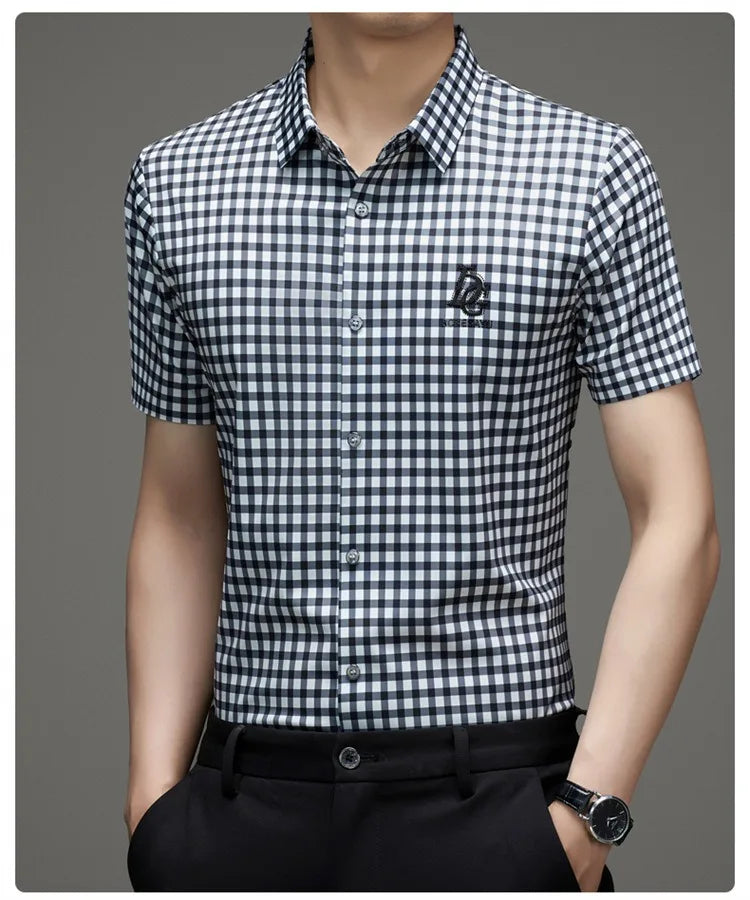 High End Man's Plaid Shirts Non-iron Business Fashion Leisure Tops Luxurious Male Short Sleeve Summer Quality Thin Shirt for Men