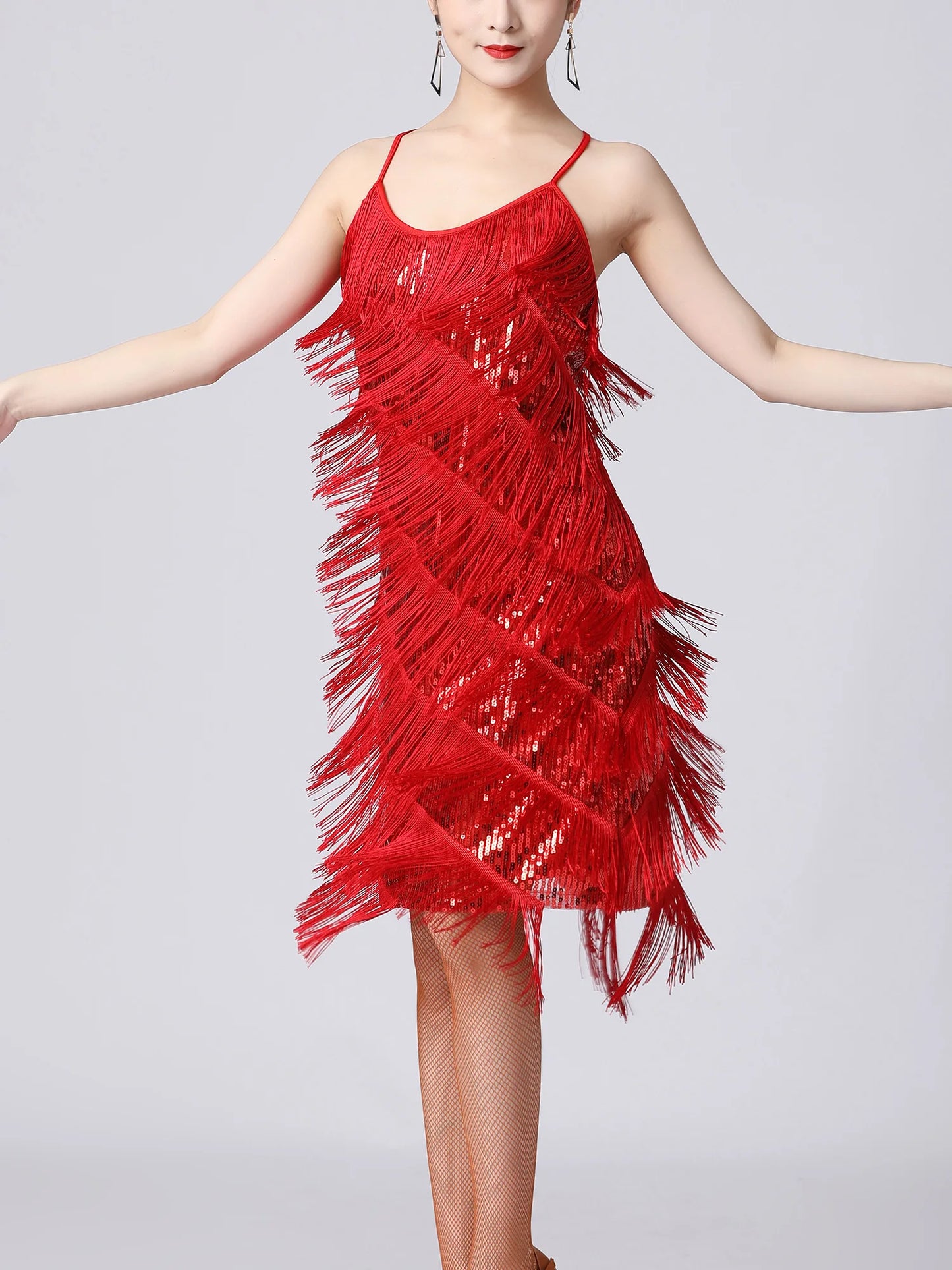 Women Salsa Latin Dance Dress Sequin Tassel Fringe Flapper Dress 1920s Gatsby Cocktail Dress Tango Ballroom Dancing Costume