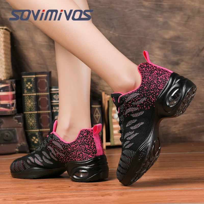 Breathable Dance Sneakers Woman Man Black Red Air Mesh Split-sole Square Dance Salsa Dancing Shoes Girls Ladies Sports Shoes