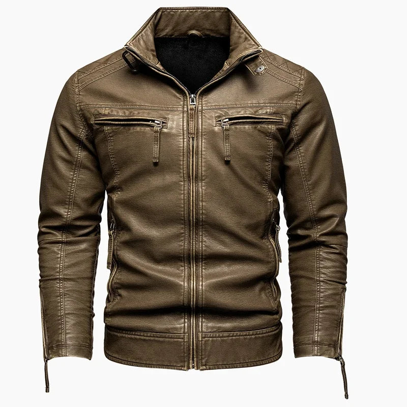 Men's Vintage Thickened Jacket Multi-Pocket Jacket, Stand-Up Collar Motorcycle Clothing, Casual PU Leather Jacket