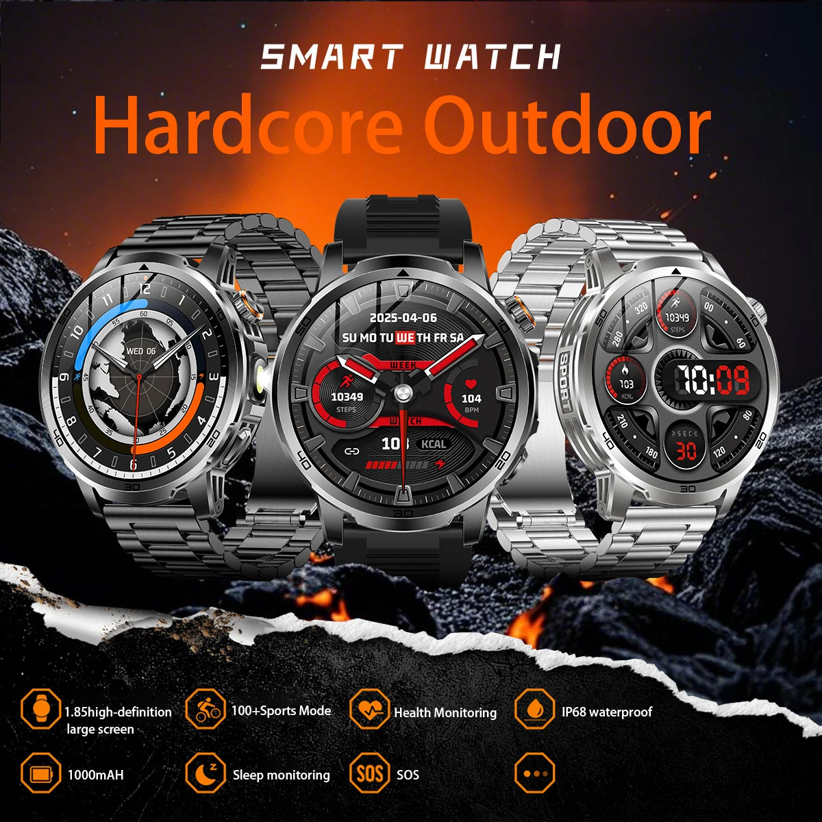 Fanwear men's smart watch SOS distress light +LED flashlight dual light mode 1000 mAh battery GPS trajectory 1.85 inch AMOLED