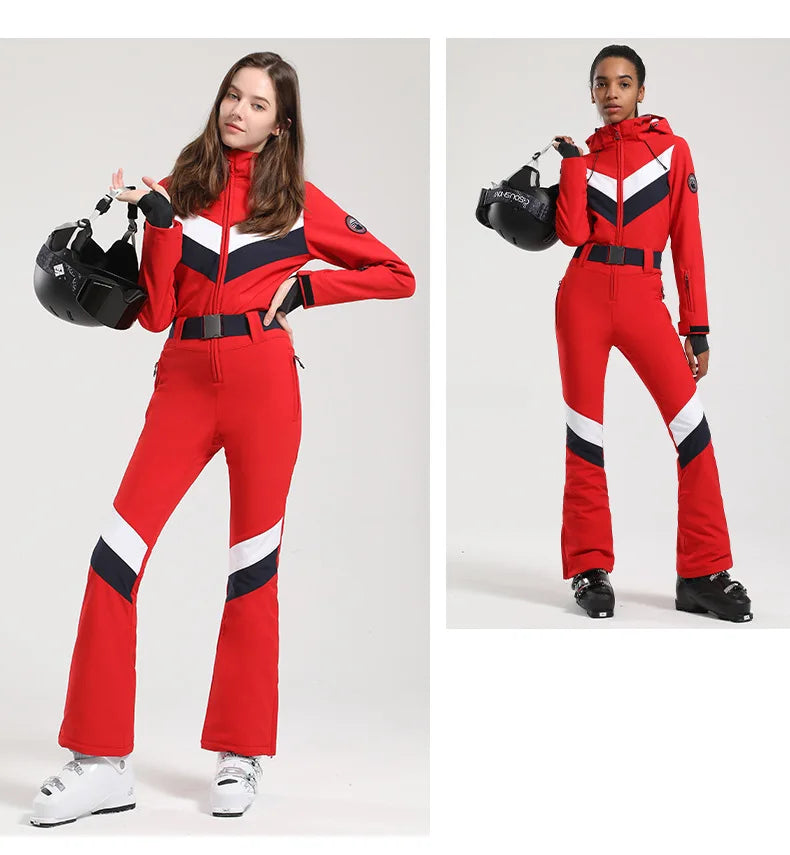 Women One Piece Ski Suit Winter Snowboard Jumpsuit Waterproof Windproof Thicken Hooded Outdoor Sport Wear for Mountain Hiking