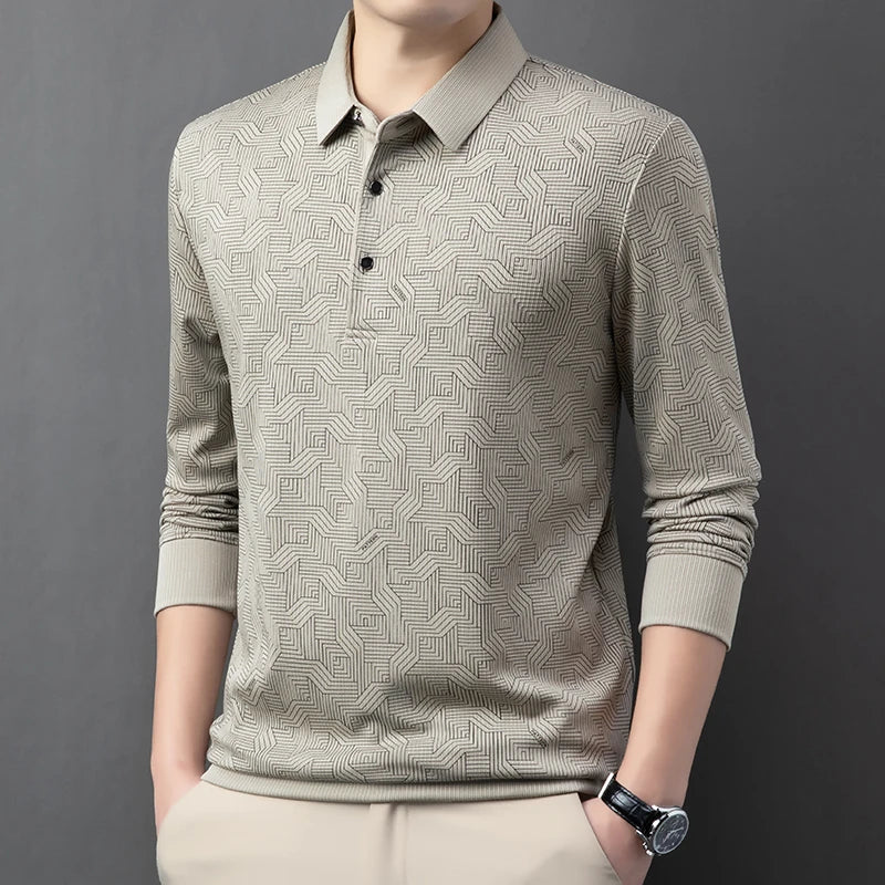 New Men's Business Casual Long Sleeved Shirt with Badge Solid Color Polo Shirt Fashionable Breathable Comfortable Versatile Top