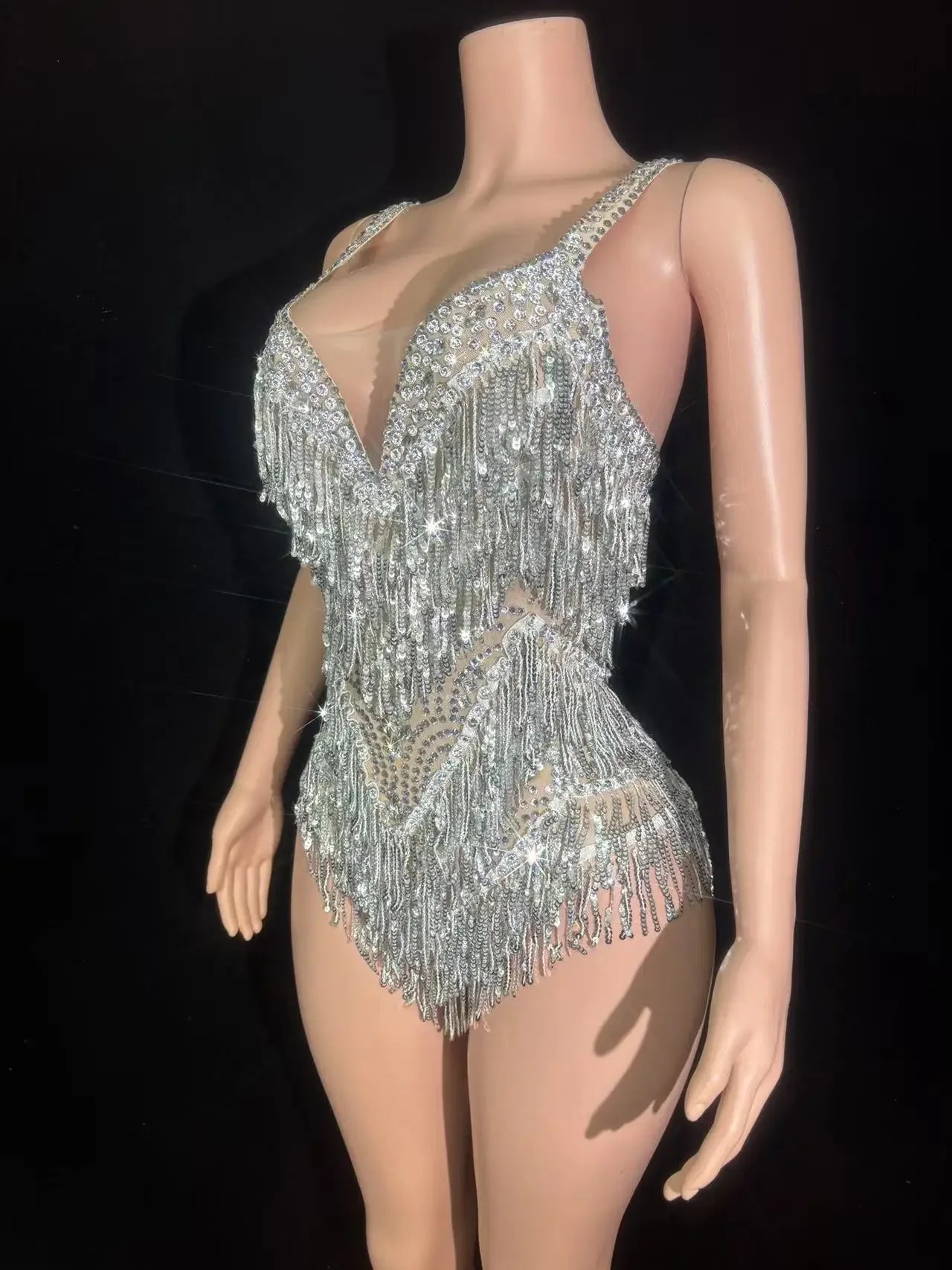 Sparkly Rhinestones Sequins Tassel Bodysuit Women Sexy See Through Performance Dance Costume Singer Dancer Stage