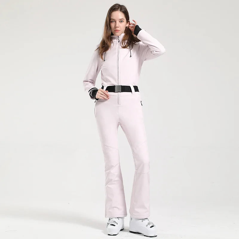 Women One Piece Ski Suit Winter Snowboard Jumpsuit Waterproof Windproof Thicken Hooded Outdoor Sport Wear for Mountain Hiking