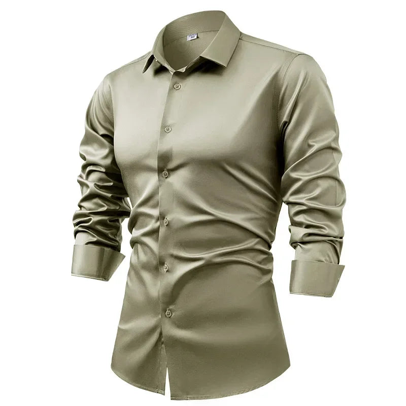 Silk cotton long sleeved shirt men's pure white shirt 2025 spring high-end sense inch shirt casual business suit formal wear