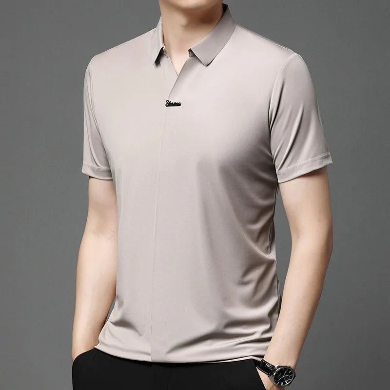 High End Mulberry Silk T-shirts Man Long Sleeve Tops Business Casual Elastic Non-iron Seamless Quality Luxurious Men Polo Shirts