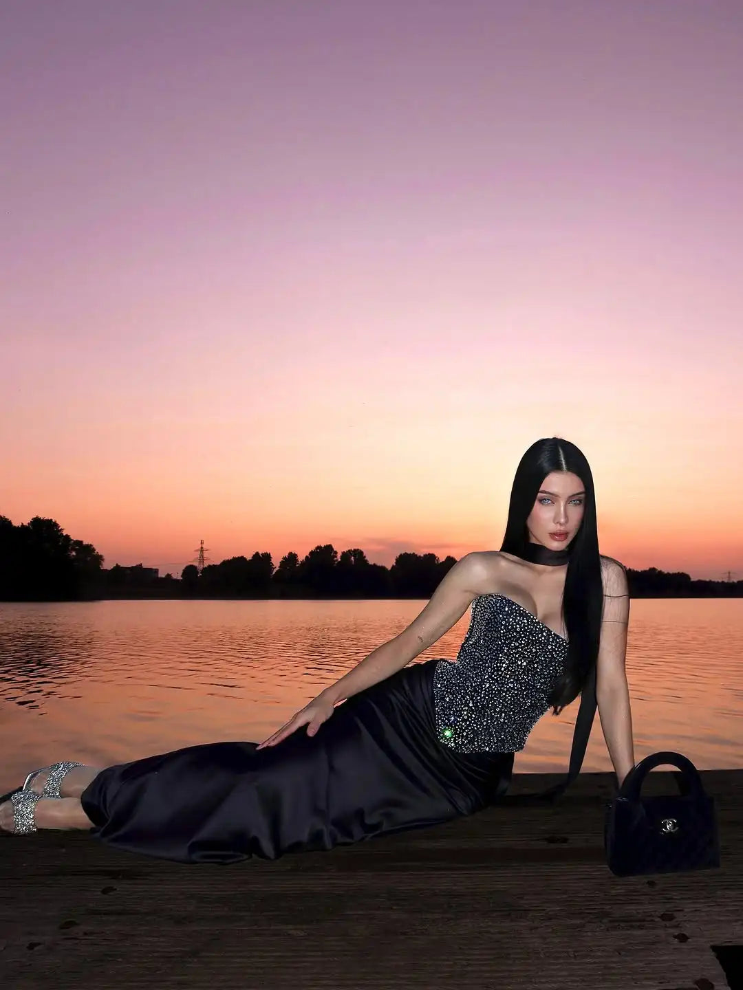 Sexy Sequin Top Long Skirt Set Women Strapless Off-shoulder Slim Tops High Waist Satin Skirts Sets Lady Vacation Party Outfits