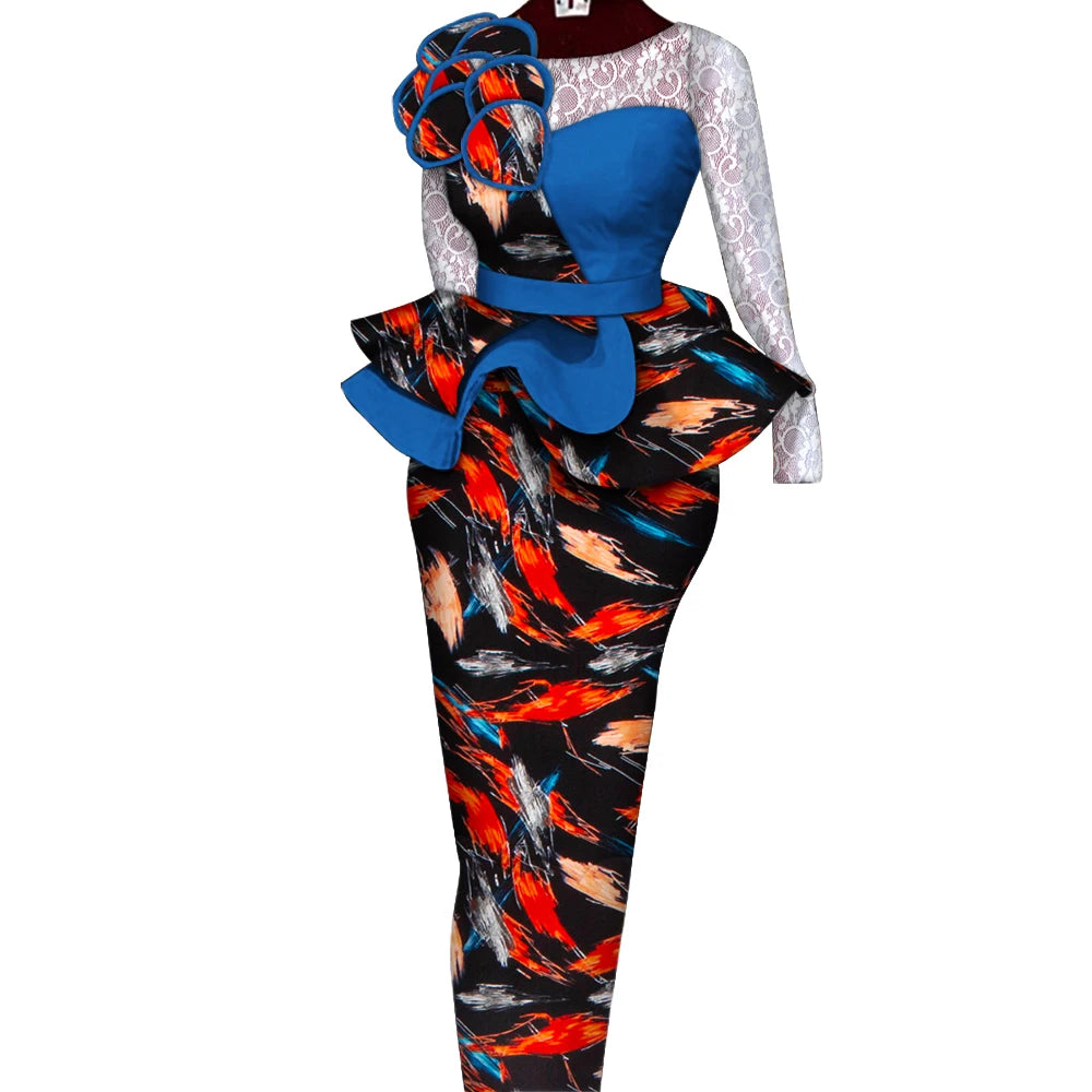 African Skirt Sets Women Suit Long Straight Skirts and Tops with Lace Decoration Bazin Riche Traditional African Clothing WY6195