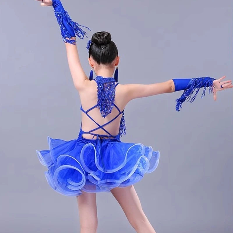 Teenager Girl 's Latin Dance Costumes Latin Skirt Sequins Performing Competition Costume Girls Salsa Dancing Tassel Dress