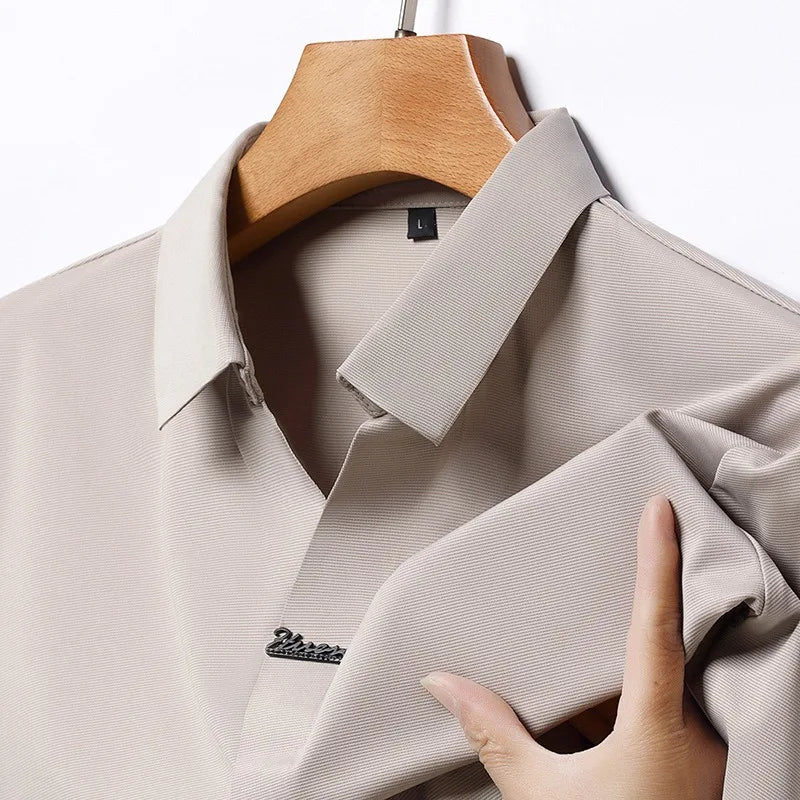 High End Mulberry Silk T-shirts Man Long Sleeve Tops Business Casual Elastic Non-iron Seamless Quality Luxurious Men Polo Shirts