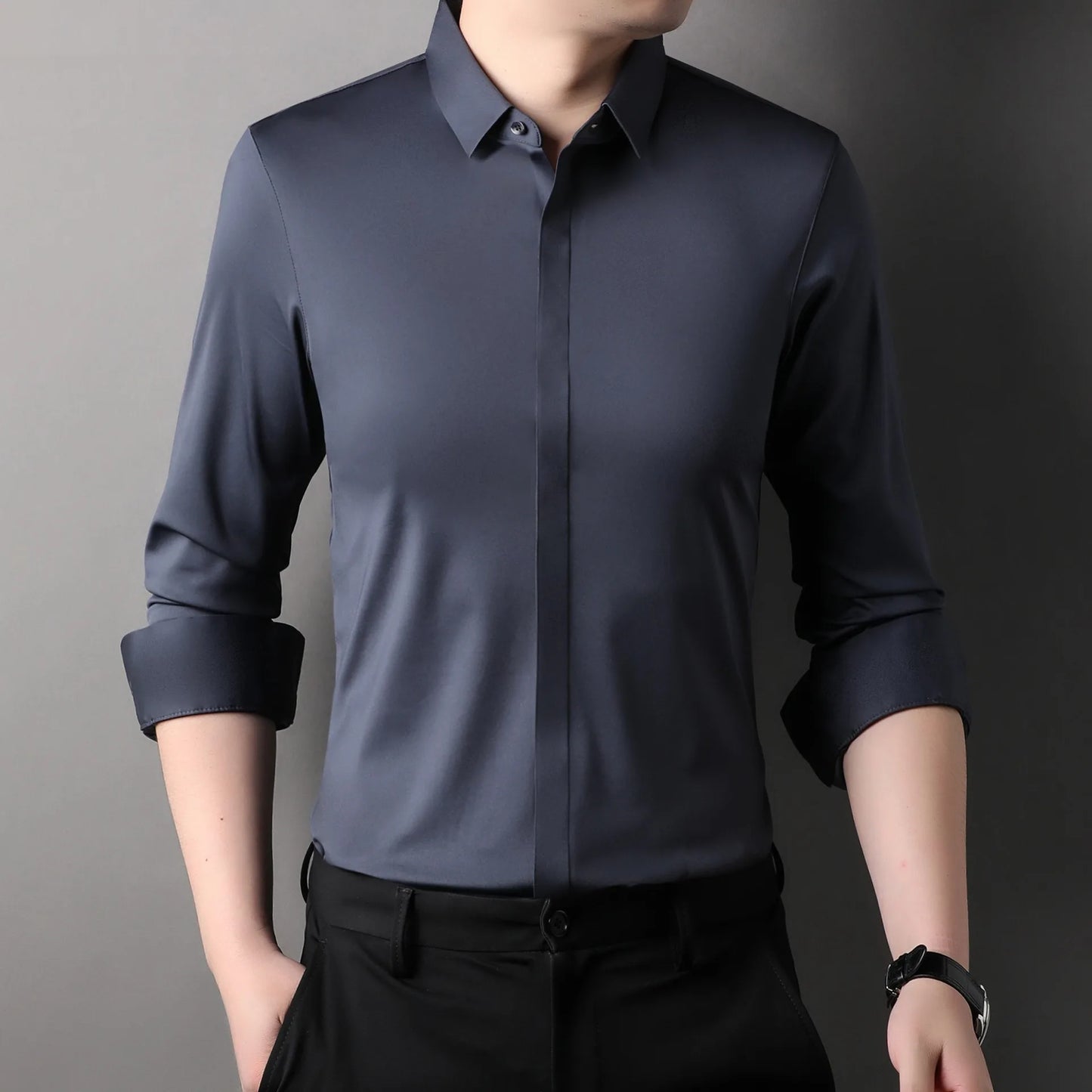 High end Mulberry Silk Dress Shirts Business Men Wrinkle Resistant Button Invisible Elastic Tops Luxurious Male Quality Clothing