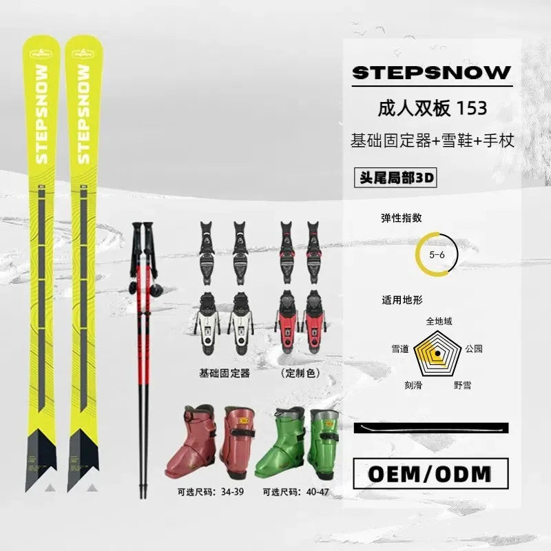 Men's Double Plate Skis 153cm with Skiing Boots Cane Four-Piece Set - Adjustable Holder Ski Equipment for Winter Sports ciaspole
