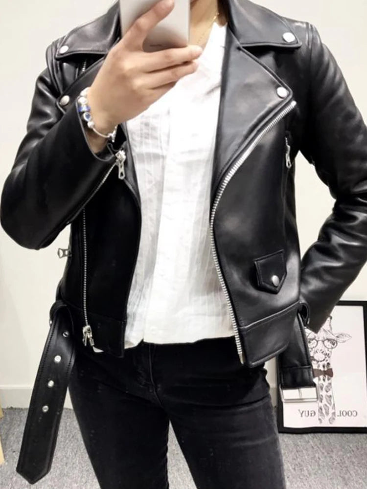 Ailegogo Spring Autumn Women Moto Biker Black Pu Fuax Leather Jacket Streetwear Female Belt Zipper Slim Fit Short Coat Outwear