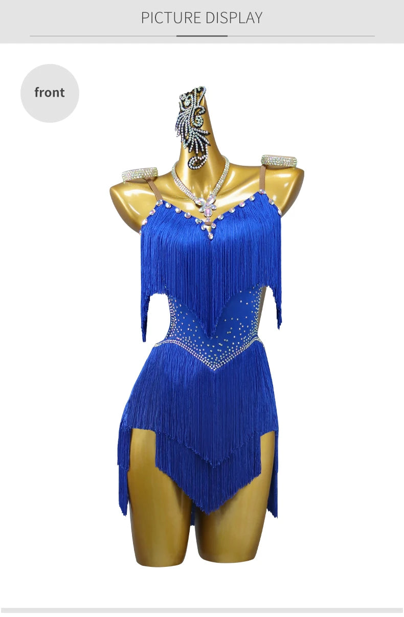 2026 New Latin Performance Dance Dress Women Sexy Outdoor Ballroom Party Fringe Skirt Sport Practice Wear Blue Prom Evening Suit