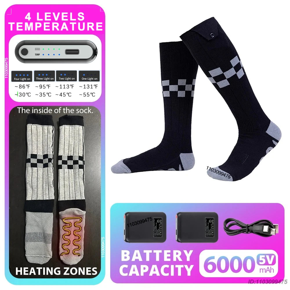 New Heated Socks Rechargeable 6000mah Electric Heated Skiing Socks Snowboarding Outdoor Sports Foot Warmer Winter Thermal Socks
