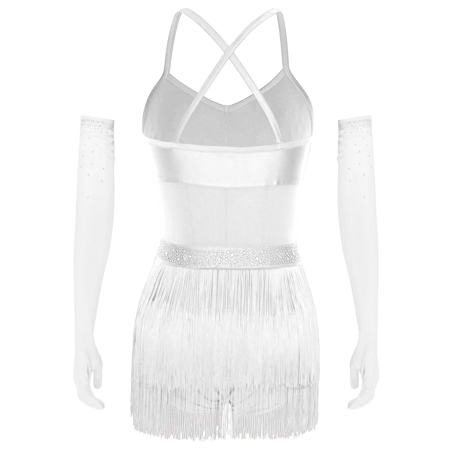 Womens Latin Dance Dress Sheer Mesh Patchwork Tiered Tassel Bodysuit Dress and Gloves for Tango Samba Dance Ballroom Dancewear