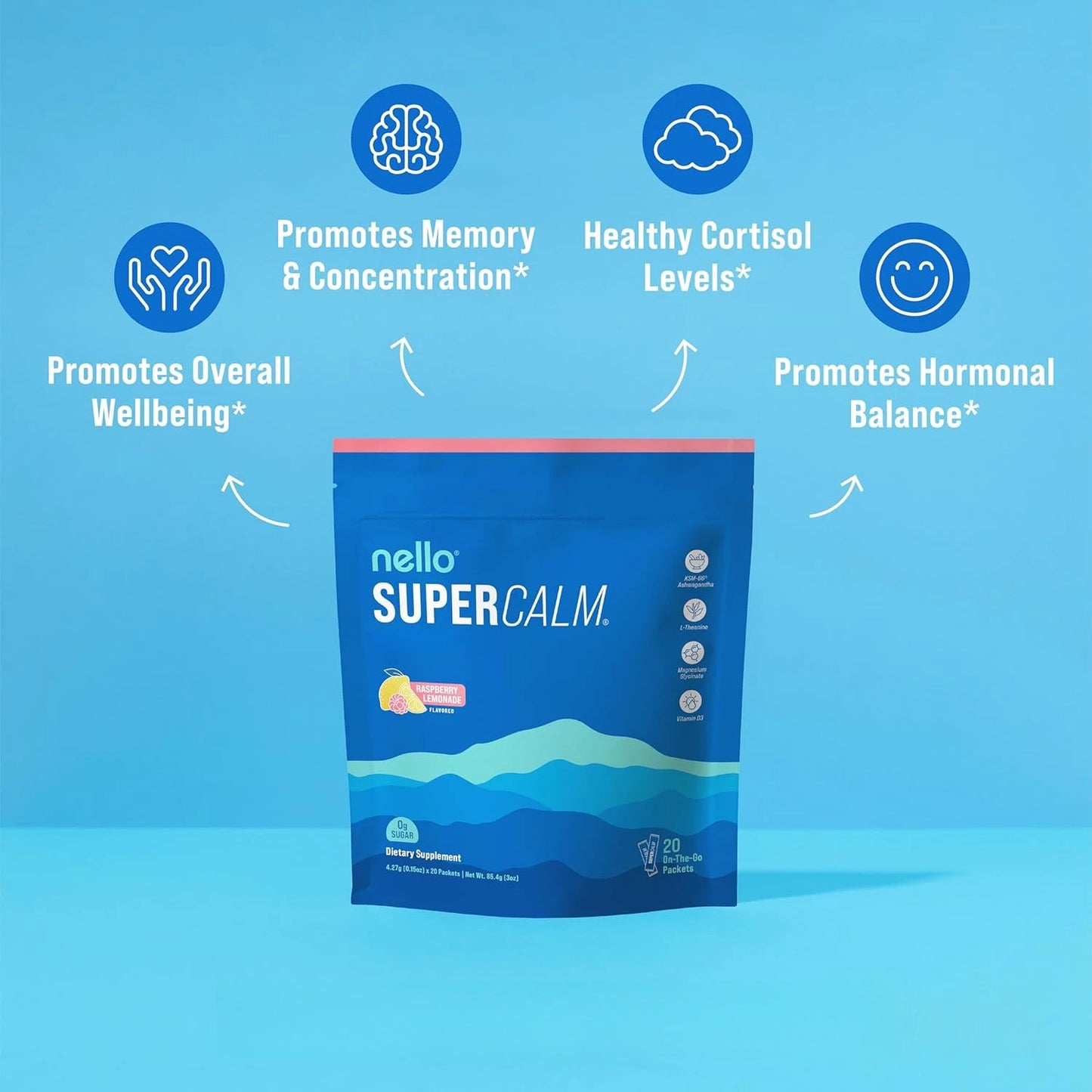 Nello Supercalm Powdered Mix, Raspberry Lemonade, L Theanine, Ksm-66 Ashwagandha, Magnesium Glycinate, Vitamin D 3, Supple