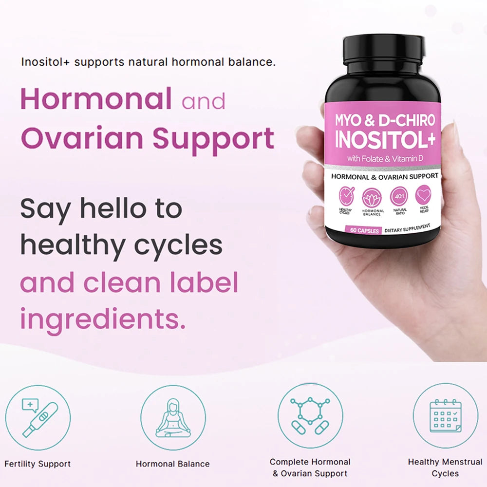 Myo-Inositol & D-Chiro Inositol Capsules for Women, Folate & Vitamin D Support Regular Cycles, Hormonal Balance & Ovarian Health